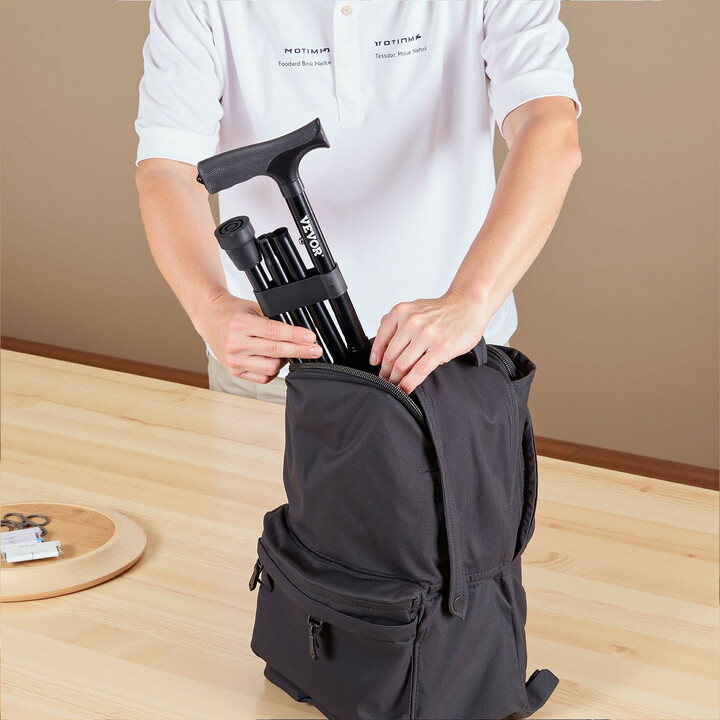 Kokoontaitettava kävelykeppi GB-817, säädettävä 5-tasoinen korkeus, liukuestokärki, alumiinia, max 100 kg, musta