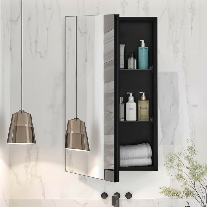 Kylpyhuoneen lääkekaappi peilillä 355x135x610 mm, alumiinirunko, 2 säädettävää hyllyä, uppo- ja seinäasennus