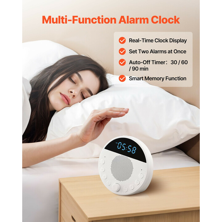 Valkoisen kohinan unilaite 18 äänellä, 7-värinen yövalo, kaksoisherätys, ajastin ja APP-ohjaus