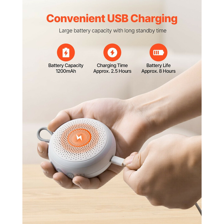 Valkoisen kohinan unilaite, 20 rauhoittavaa ääntä, rengasvalo, ajastin, muistitoiminto, lapsilukko, langaton, malli HFD-W30