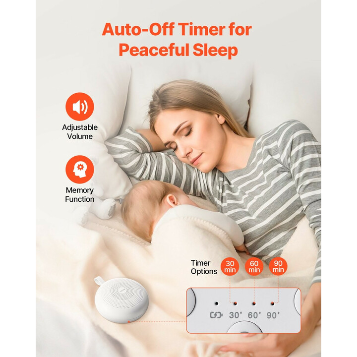 Valkoinen kohina -äänikone CS11, 30 rauhoittavaa ääntä, ajastin, rengasvalo, langaton, vauvoille ja aikuisille