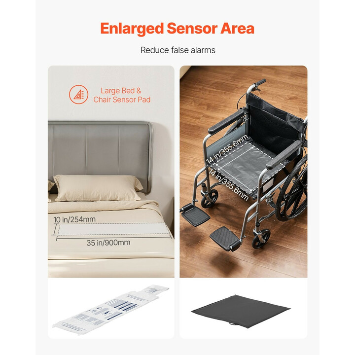 Langaton varhaishälytyksen vuode- ja tuolihälytin 2 anturityynyä kutsupainikkeella ja hakulaitteella kaatumisen ehkäisyyn