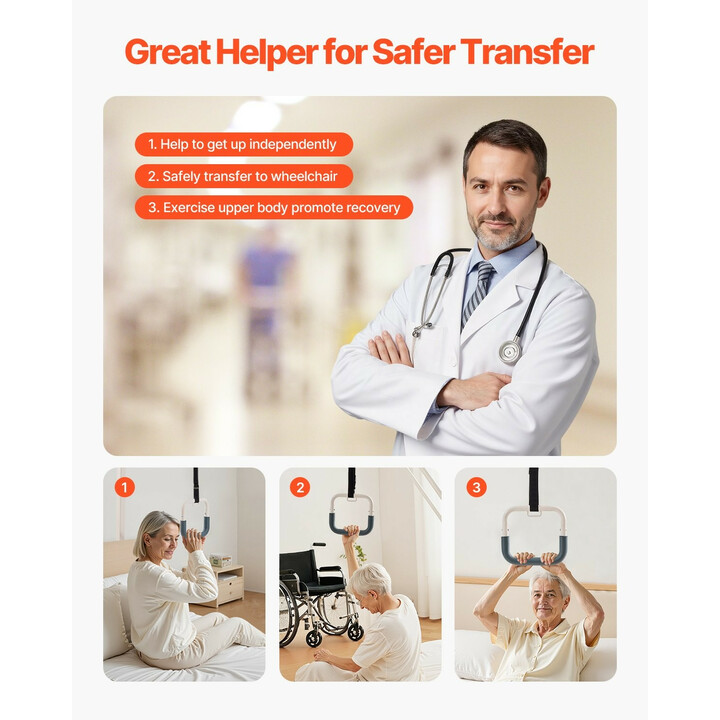 Itseseisova sängyn trapetsitanko, terästä, 113 kg kantavuus, kotiin ja hoitolaitoksiin