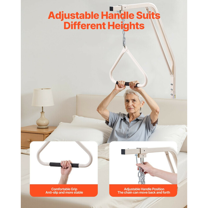 Trapetsitanko sänkyyn liikkumisen avuksi, säädettävä kahva, puristinkiinnitys, kantavuus 113 kg