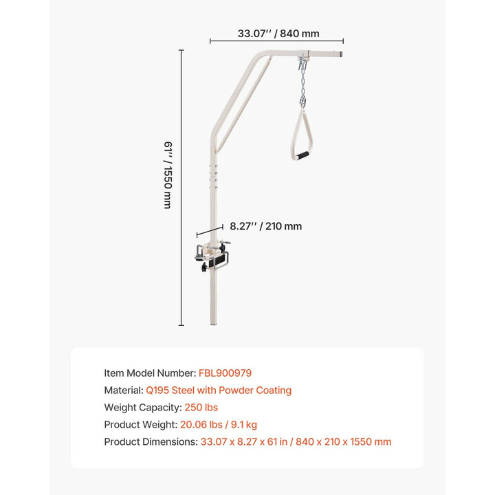 Trapetsitanko sänkyyn liikkumisen avuksi, säädettävä kahva, puristinkiinnitys, kantavuus 113 kg