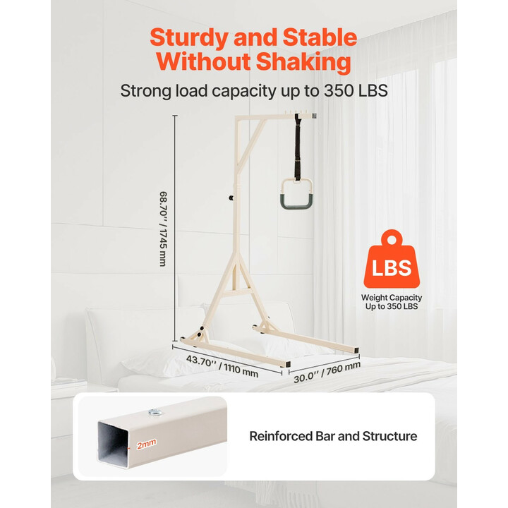 Sängyn kolmiotanko lattiatelineellä ja pyörillä, korkeussäädettävä, teräs, kantavuus 159 kg