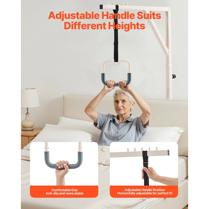 Sängyn kolmiotanko lattiatelineellä ja pyörillä, korkeussäädettävä, teräs, kantavuus 159 kg