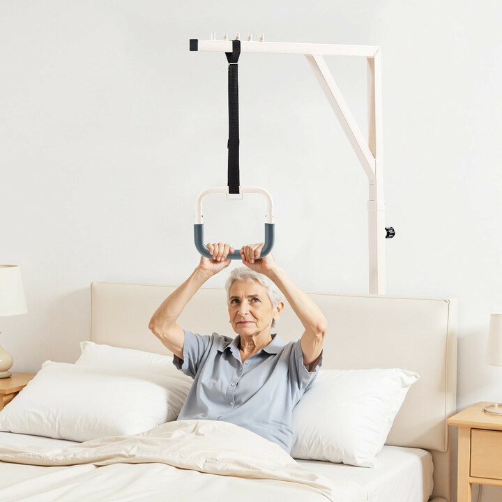 Sängyn kolmiotanko lattiatelineellä ja pyörillä, korkeussäädettävä, teräs, kantavuus 159 kg