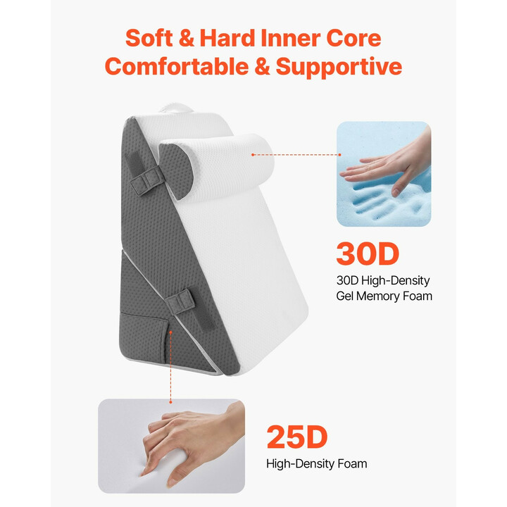 Säädettävä kiilatyynysetti sänkyyn 3-osainen, ortopedinen tuki, jacquard-päällinen, korkeatiheyksinen vaahto, valkoinen/harmaa