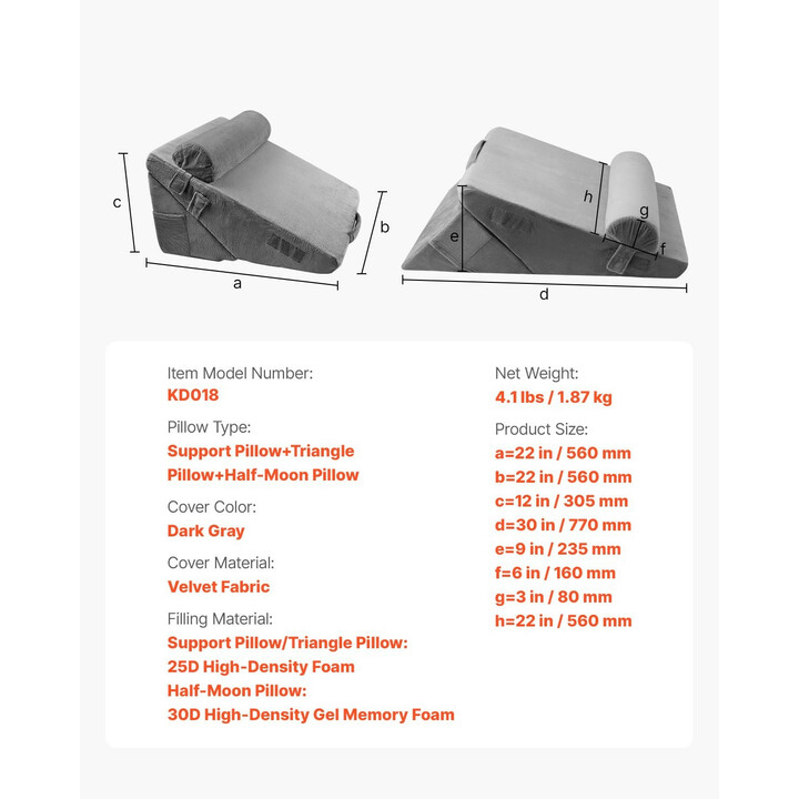 3-osainen säädettävä ortopedinen kiilatyynysetti nukkumiseen ja leikkauksen jälkeiseen tukeen, tummanharmaa, pestävä päällinen