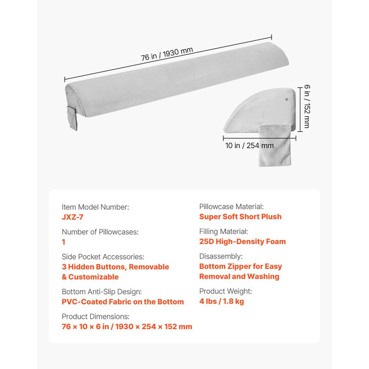 Sängynpäädyn ja patjan väliin tuleva kiilatyyny 1930 x 255 x 152 mm, täyttää 0–178 mm raon, harmaa