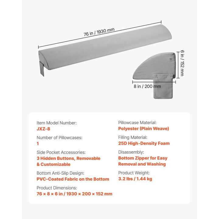 Sängynpäätytyyny vuodekiila 1930 x 200 x 152 mm sängyn raon täyttöön 25D vaahto harmaa JXZ-8