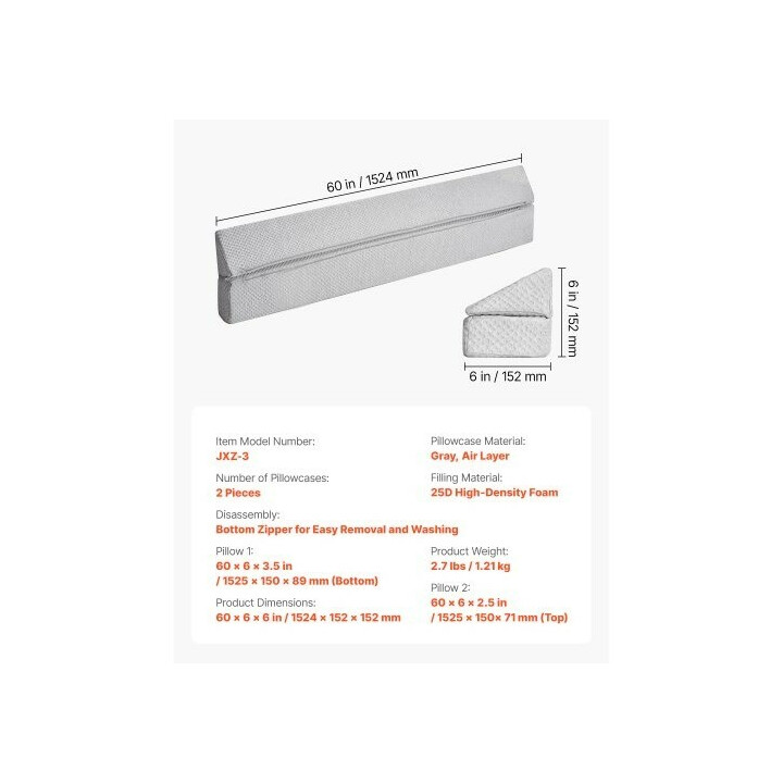 Sängynpäädyn rakotyyny kiilatyyny 1525 x 152 x 152 mm, 25D-vaahto, harmaa, liukuestepohja