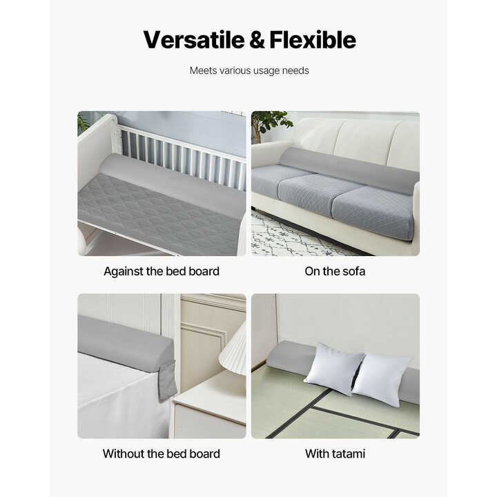 Sängynpäädyn rakoja täyttävä kiilatyyny 1930 x 152 x 115 mm, 25D vaahto, sivutasku, harmaa