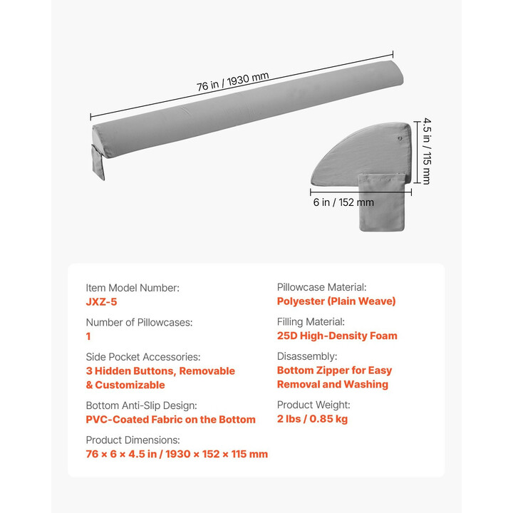 Sängynpäädyn rakoja täyttävä kiilatyyny 1930 x 152 x 115 mm, 25D vaahto, sivutasku, harmaa