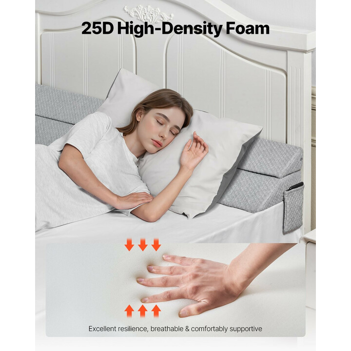 Sängynpäädyn rakoa täyttävä kiilatyyny JXZ-6 1930 x 255 x 152 mm 25D vaahto harmaa sivutaskulla