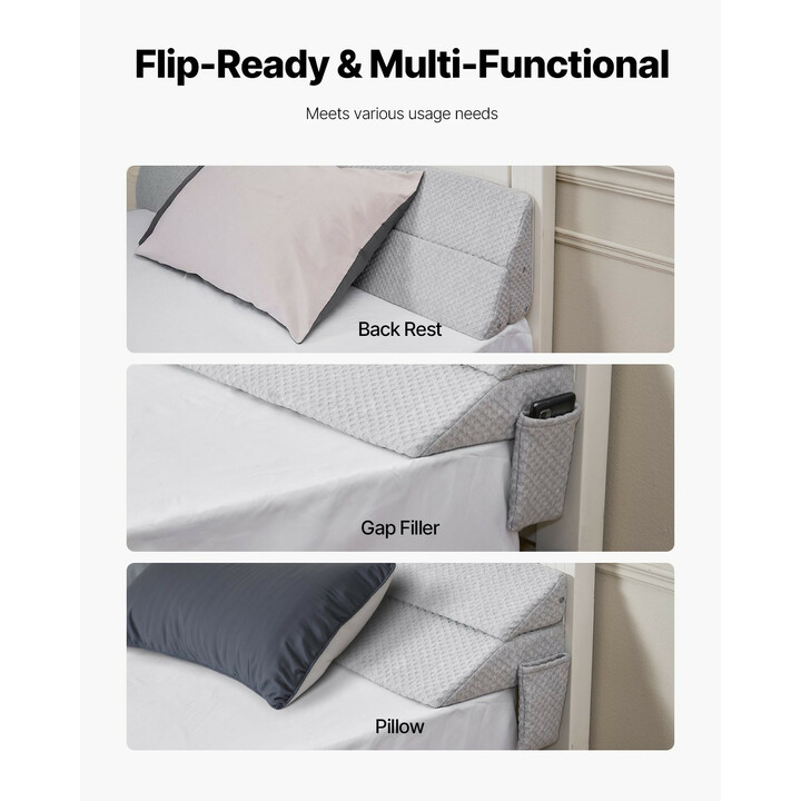 Sängynpäädyn rakoa täyttävä kiilatyyny JXZ-6 1930 x 255 x 152 mm 25D vaahto harmaa sivutaskulla