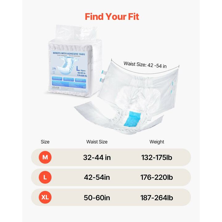 Aikuisten teippivaipat, unisex, erittäin imukykyiset, koko L, 2700 ml, 40 kpl