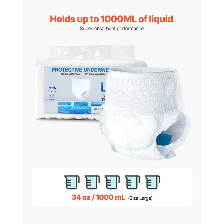 Aikuisten kertakäyttöiset vetovaipat, korkea imukyky 1000 ml, unisex, koko L, 64 kpl
