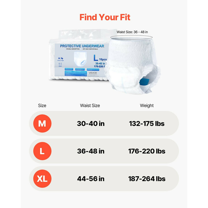 Aikuisten kertakäyttöiset vetovaipat, korkea imukyky 1000 ml, unisex, koko L, 64 kpl