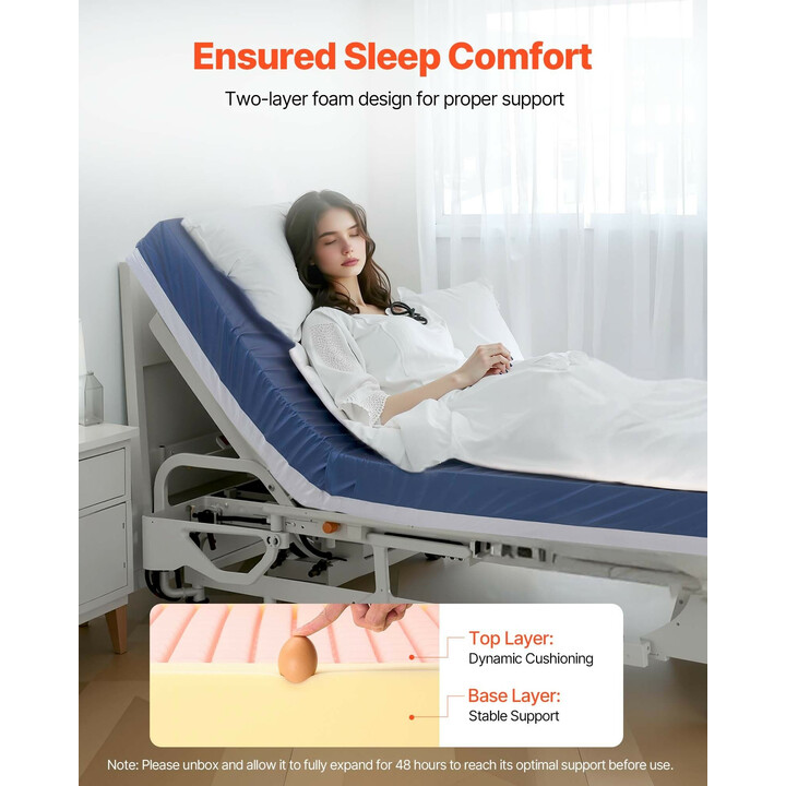 Hoitopatja sairaalasänkyyn 295 kg, kaksikerroksinen vaahtomuovi, vedenpitävä PU-päällinen, 2030 x 1067 x 153 mm