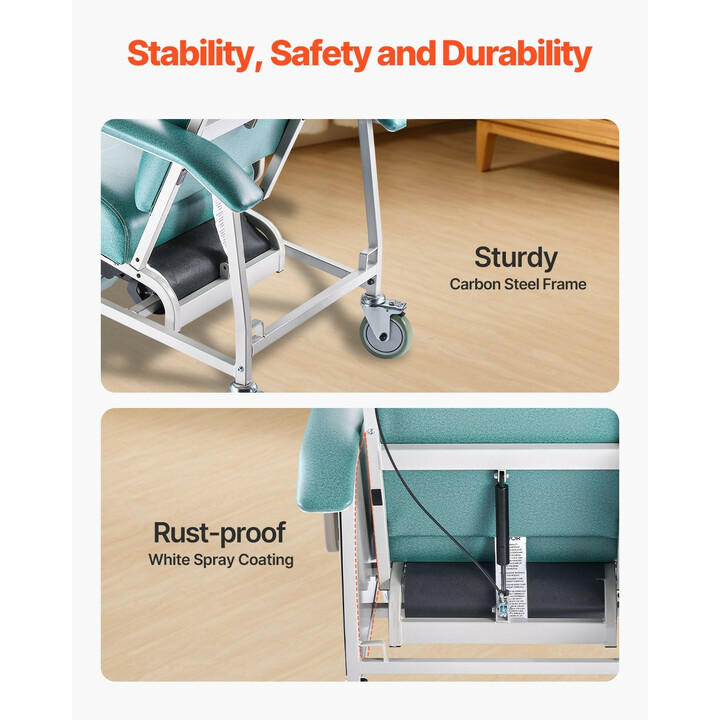 Geriatrinen lepotuoli D577-J, 4-asentoinen Trendelenburg-selkänoja, pehmustettu, 4 pyörää ja 2 tarjotinta, valkoinen/vihreä