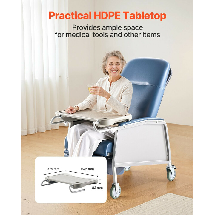 Geriatrinen lepotuoli D574-BR, 3-asentoinen, pyörillä, sininen istuin, irrotettava tarjotin, sairaala- ja hoivakäyttöön