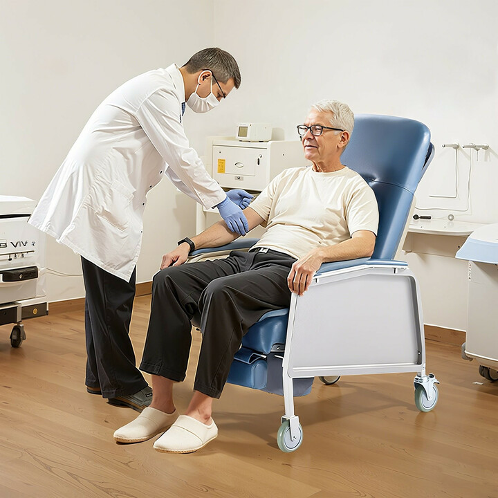 Geriatrinen lepotuoli D574-BR, 3-asentoinen, pyörillä, sininen istuin, irrotettava tarjotin, sairaala- ja hoivakäyttöön