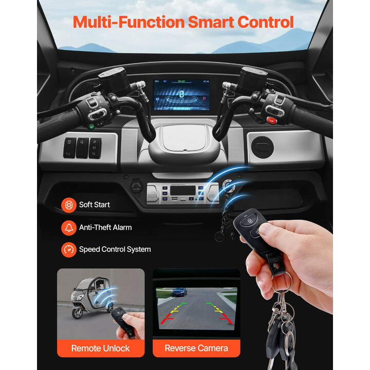 3-pyöräinen suljettu sähköskootteri aikuisille ja senioreille, 3-istuiminen, 1500W, 60 km toimintasäde, kantavuus 295 kg