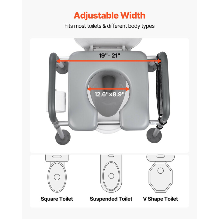 Sängynvierus-wc ja wc-tukituoli 4-in-1, säädettävä, 227 kg, pehmustettu istuin ja käsinojat, irrotettava 5 l ämpäri senioreille