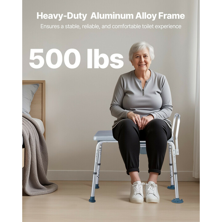 Monikäyttöinen yöpöydän WC-tuoli 4-in-1, säädettävä korkeus, teräsrunko, kantavuus 227 kg, ämpäri 5 l