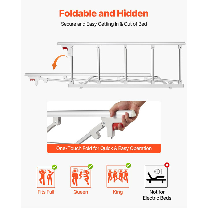 Taittuva sängynlaita ikäihmisille 122 cm, korkeussäädettävä metallinen tukikaide, valkoinen HFK-5124-1