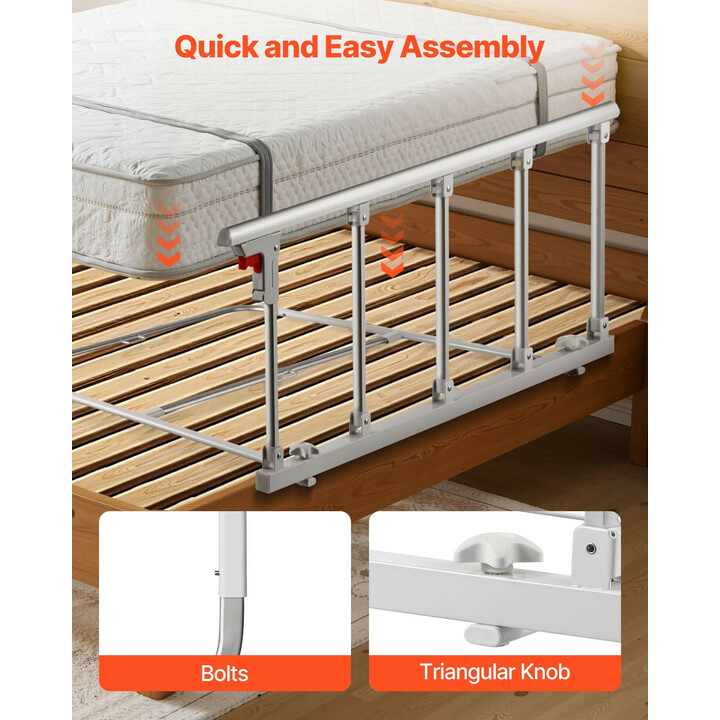 Taittuva sängynlaita ikäihmisille 122 cm, korkeussäädettävä metallinen tukikaide, valkoinen HFK-5124-1