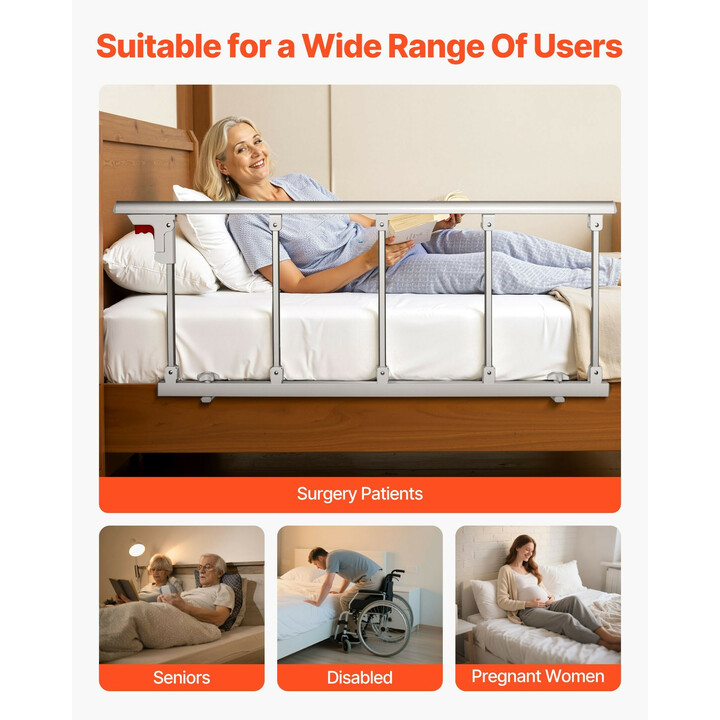 Taittuva sängynlaita ikäihmisille 122 cm, korkeussäädettävä metallinen tukikaide, valkoinen HFK-5124-1