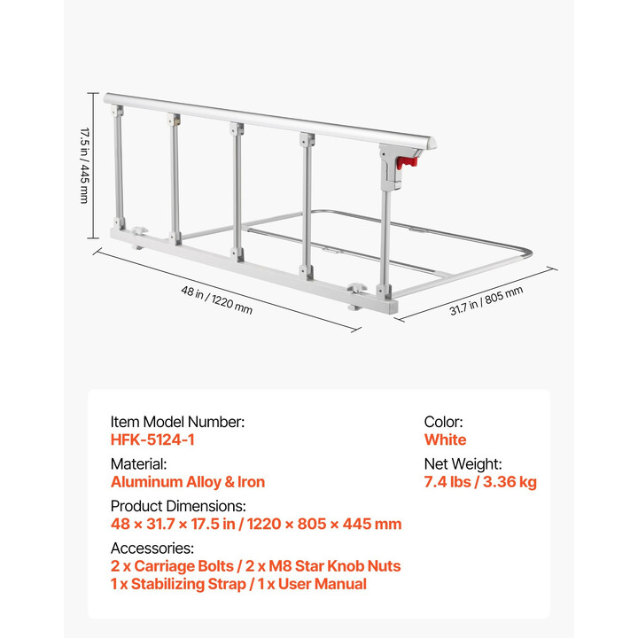 Taittuva sängynlaita ikäihmisille 122 cm, korkeussäädettävä metallinen tukikaide, valkoinen HFK-5124-1